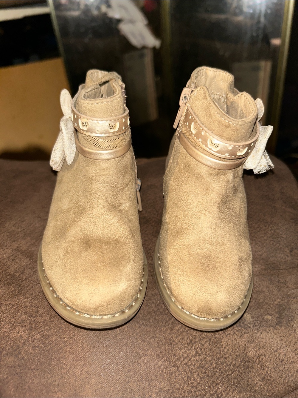 Girls Tan Suede Bow-Accent Ankle Boots